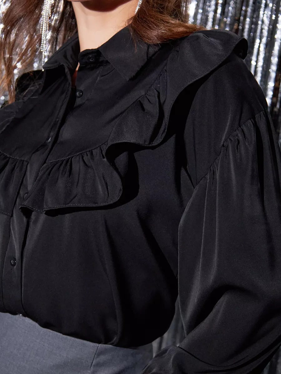 Dame elegant bluse skjorte med flæser og blød bomuldsstof Stilla