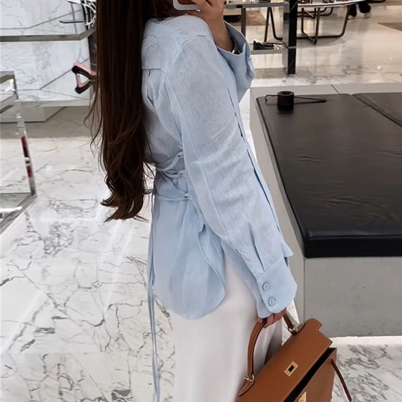 Dame Elegant Bluse med lange ærmer og stilfuldt bånd Stilla