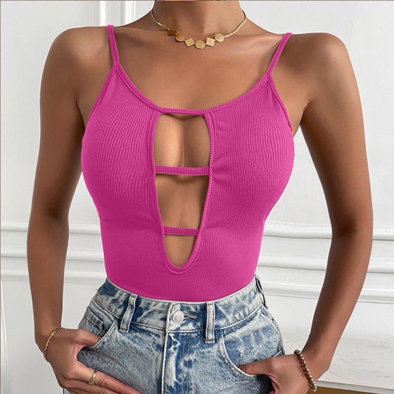 Dame Cut-Out Bodysuit med dyb V-udskæring og fin ribstruktur Stilla