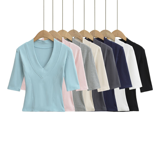 Dame elegant bluse med dyb V-hals og korte ærmer Stilla