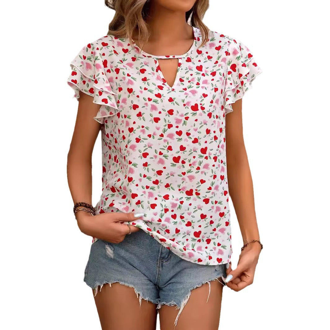 Dame elegant bluse med glad hjertemotiv og rynkedetaljer Stilla