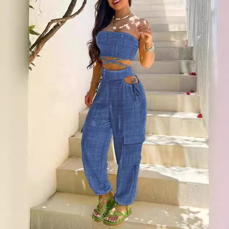 Dame afslappet sæt med crop top og high-waist cargo bukser Stilla