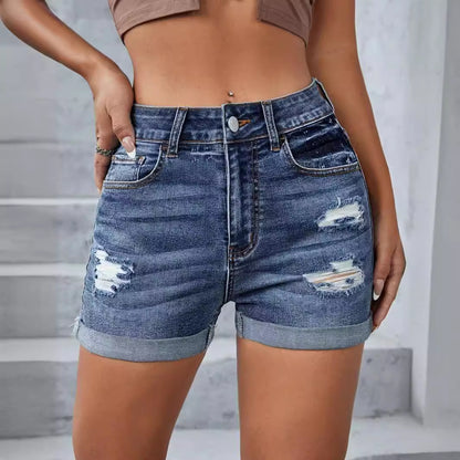 Dame jeans shorts med høj talje og afslappet destroyed-effekt Stilla