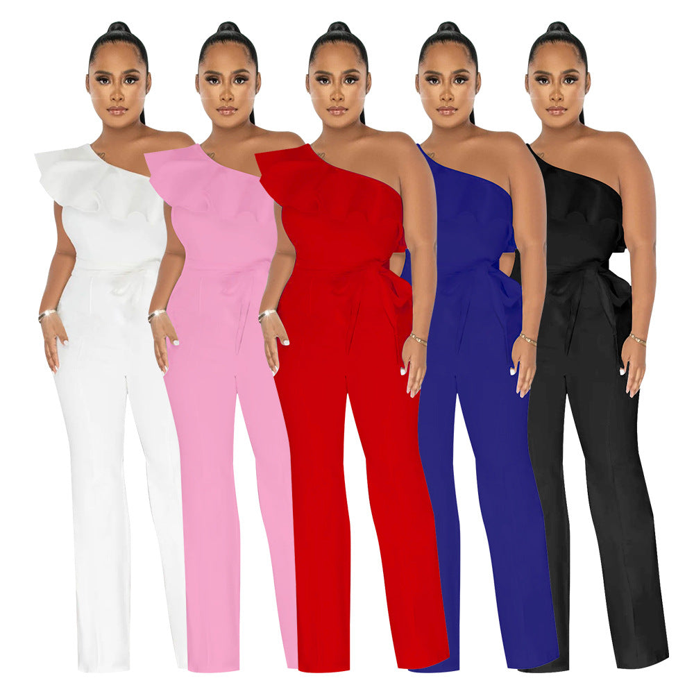 Dame Elegant One-Shoulder Jumpsuit med Rynke Detaljer og Taljebælte Stilla