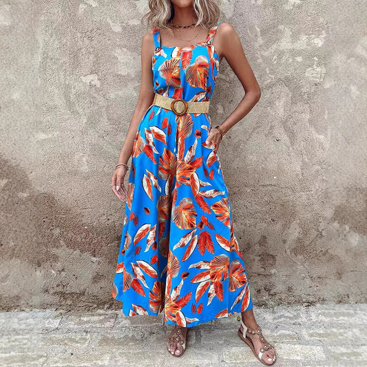 Dame maxijumpsuit med florale accenter og elastisk bånd Stilla