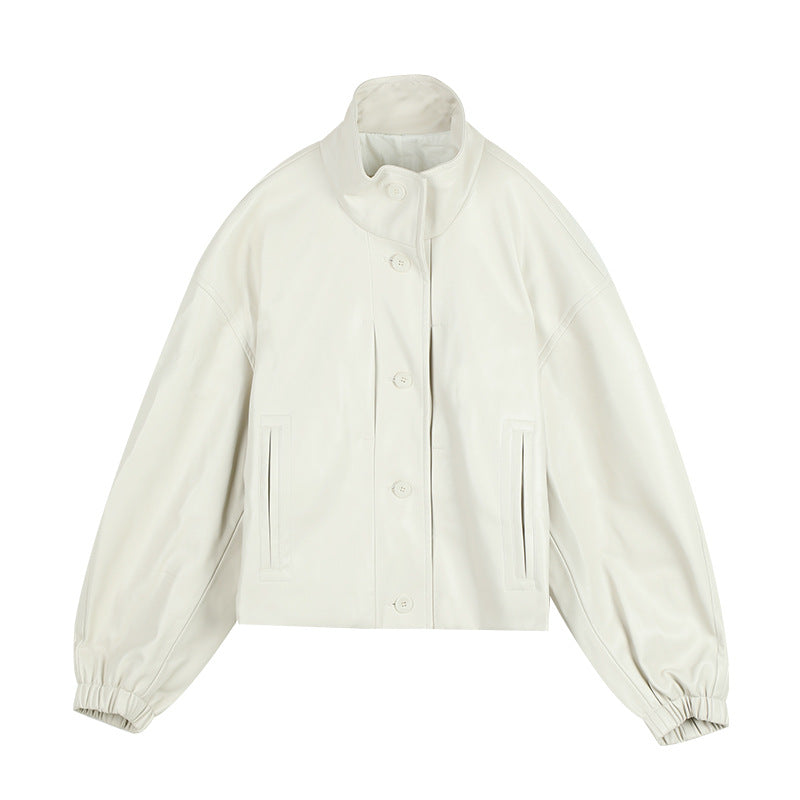 Dame afslappet kunstlæderjakke med høj krave og praktiske lommer Stilla