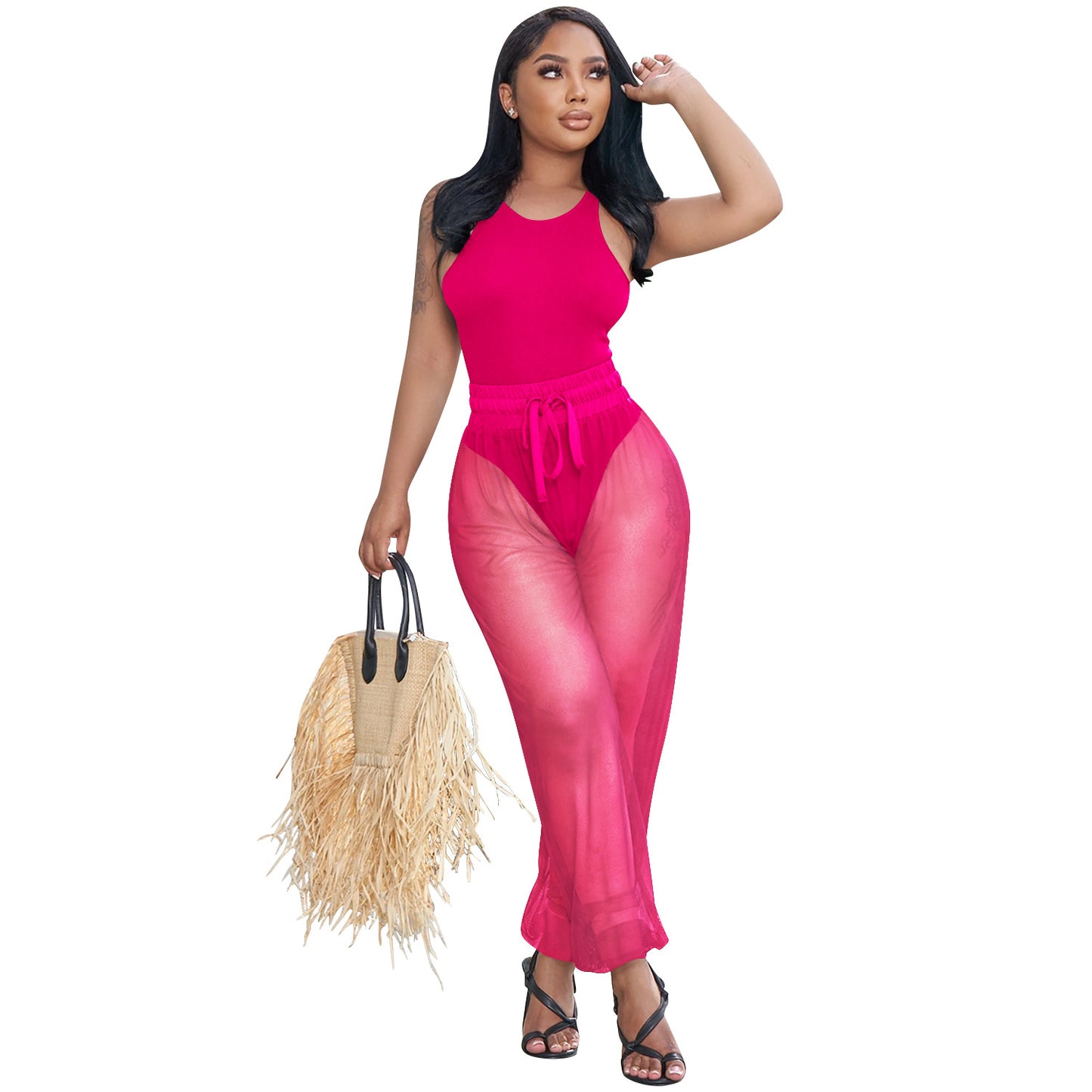 Dame Stilfuld Strand-Jumpsuit med gennemsigtigt design og elastisk talje Stilla