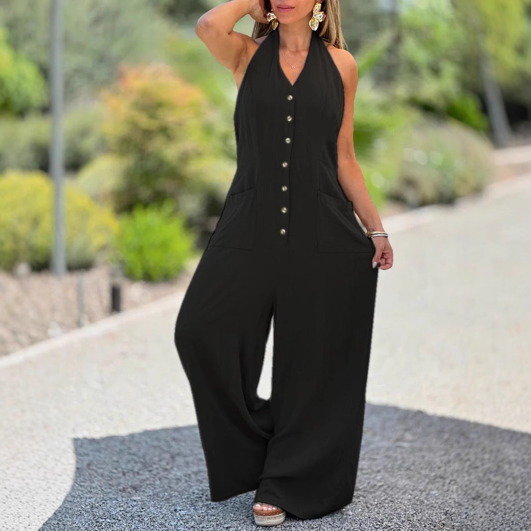 Dame Halter- jumpsuit med praktiske lommer og knaplukning Stilla