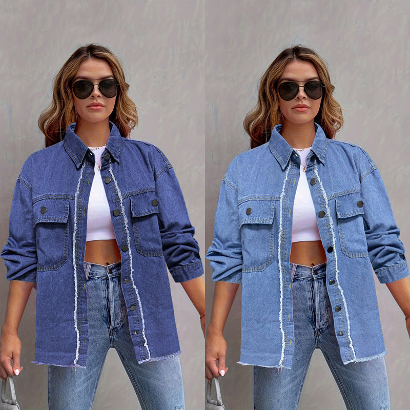 Dame afslappet jeans skjortejakke med frynser og påsyede lommer Stilla