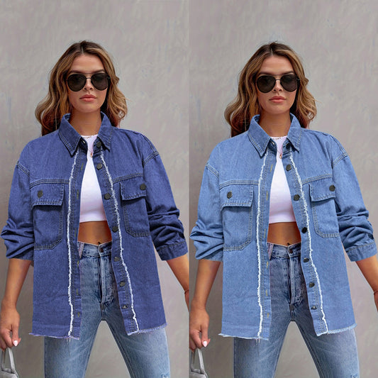 Dame afslappet jeans skjortejakke med frynser og påsyede lommer Stilla