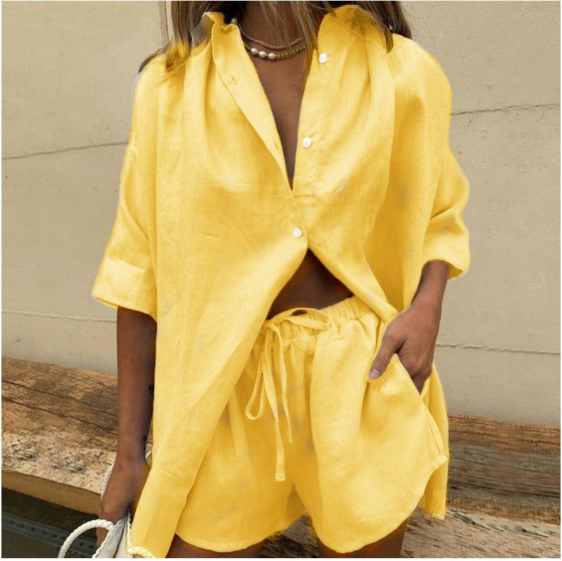 Dame afslappet kortærmet sæt med knapliste og gummizug Stilla