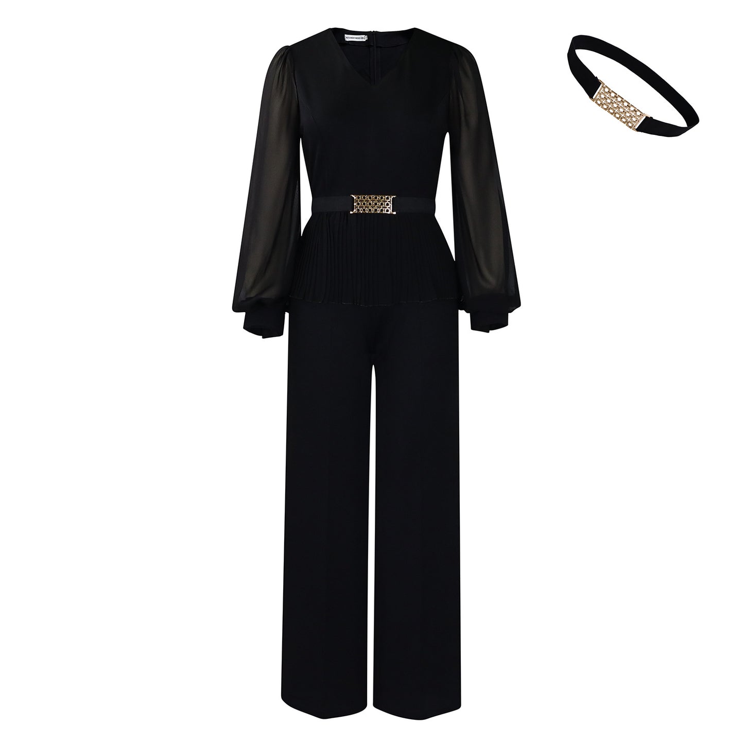 Dame elegant Plissé-jumpsuit med voluminøse ærmer og taljebælte Stilla