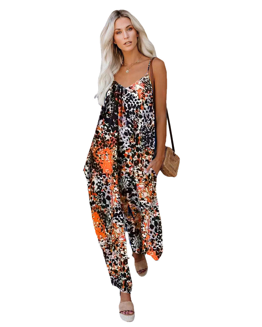 Dame Casual Jumpsuit med farverig print og bred ben Stilla