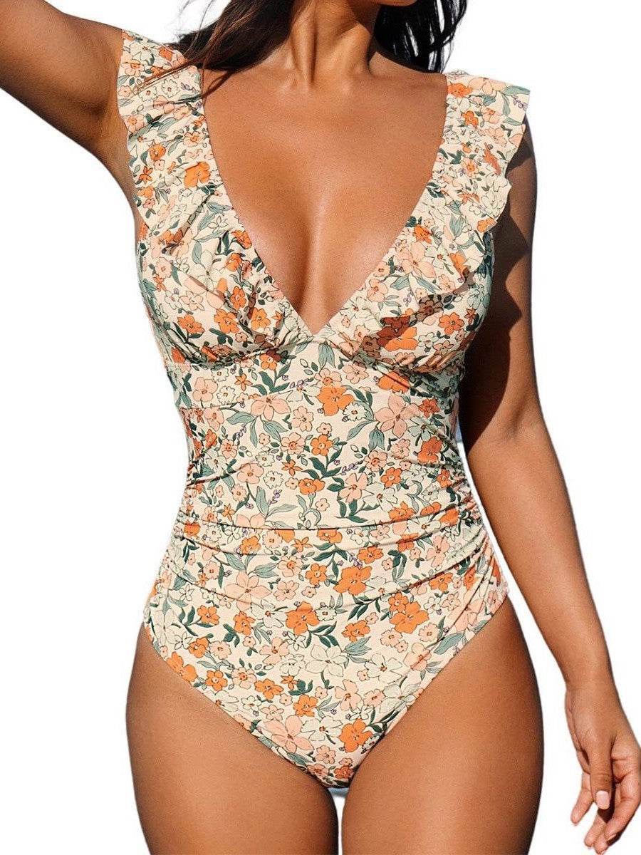 Dame Elegant Én-delt Badedragt med smart Flæse-design og dyb V-udskæring Stilla