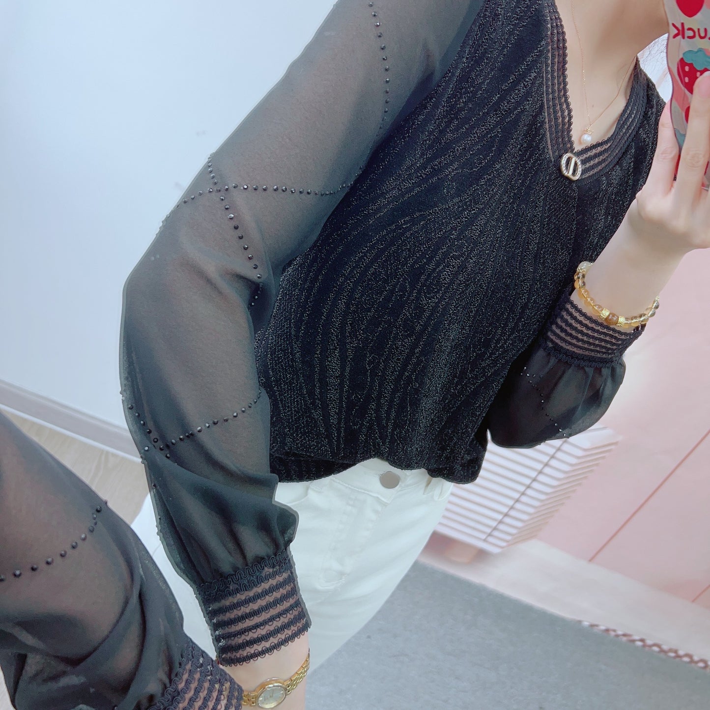 Dame Elegant Bluse med gennemsigtige pufærmer og kunstnerisk glitrende design Stilla