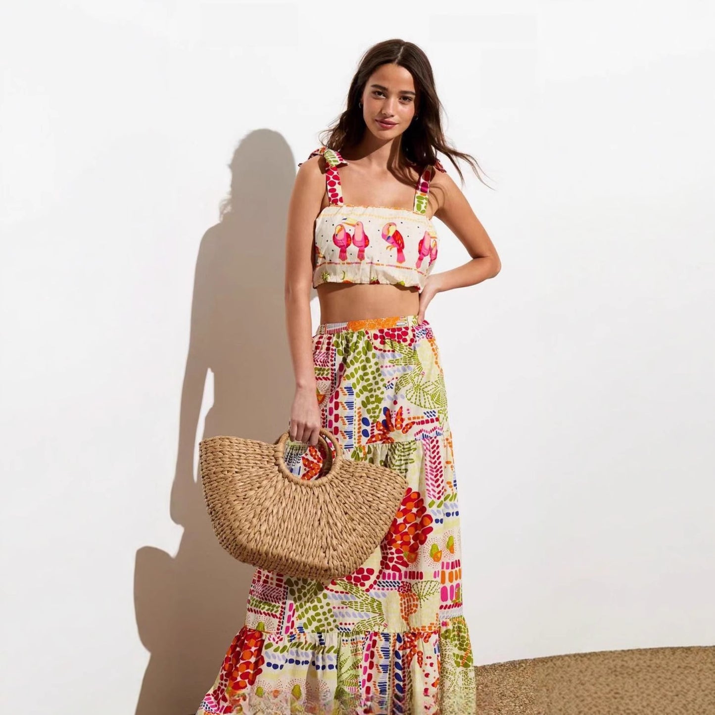 Dame Crop-Top og Maxikjole Sæt med farverigt mønster og legesyge stropper Stilla