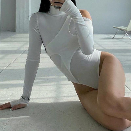 Dame Langærmet Bodysuit med innovativt asymmetrisk design og høj krave Stilla
