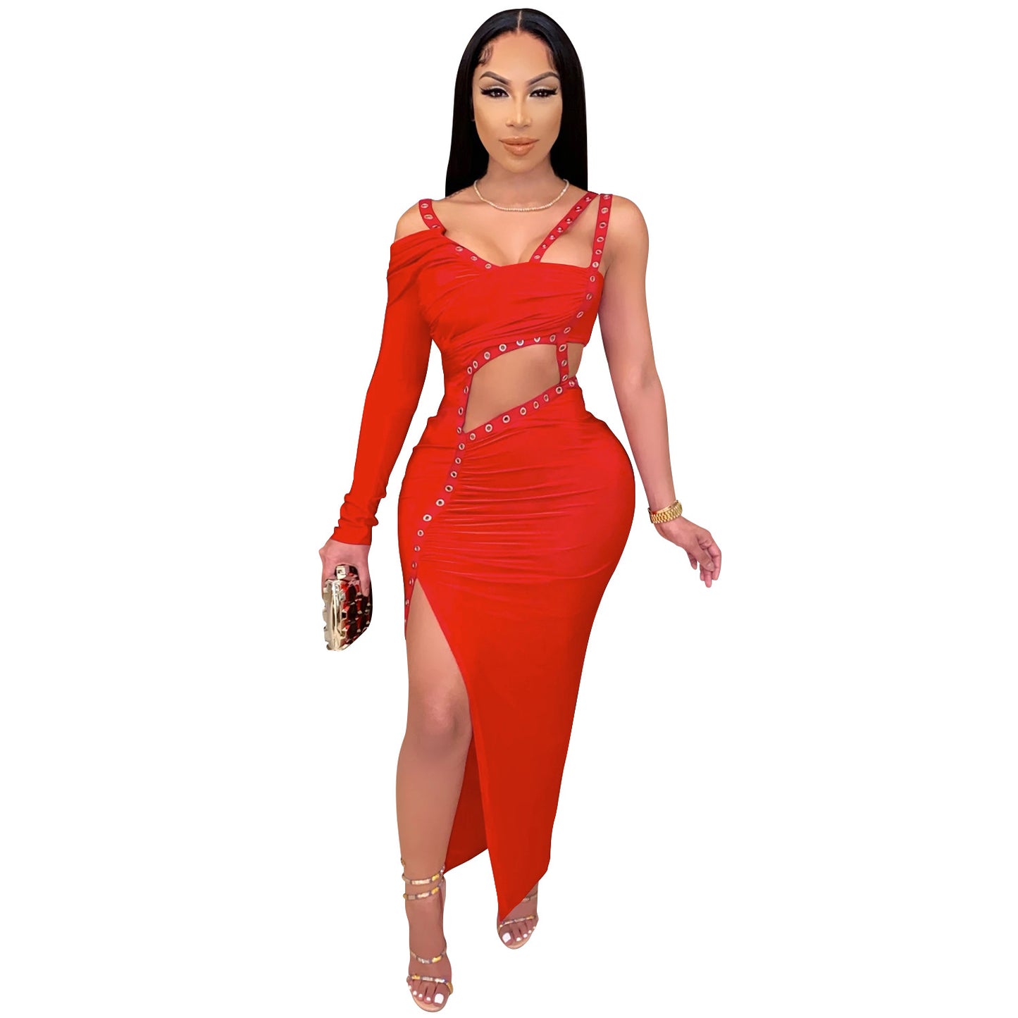 Dame Elegant Cut-Out Maxikjole med asymmetrisk design og funktionelle knapdetaljer Stilla