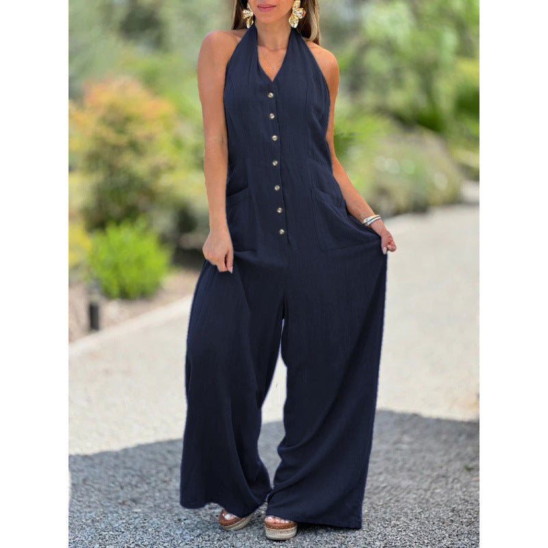 Dame jumpsuit med brede ben og knapdetaljer Stilla