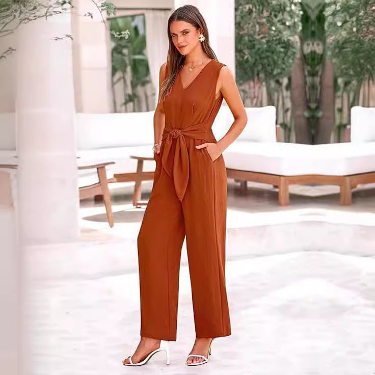 Dame Elegant Jumpsuit med Taljebælte og V-Udskæring Stilla