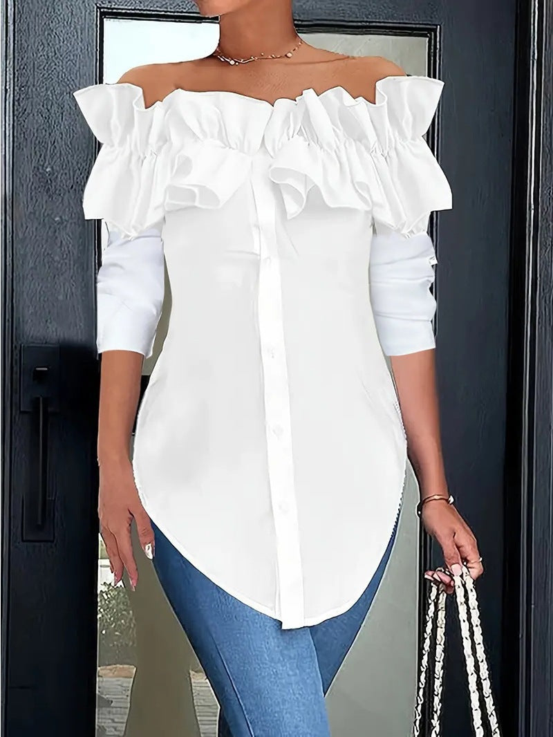 Dame Elegant Bluse med Ruffle detaljer og hjerteformet U-udskæring Stilla