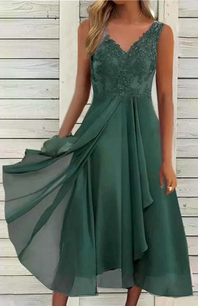 Dame Elegant Aftenkjole med Spidserapplikationer Stilla