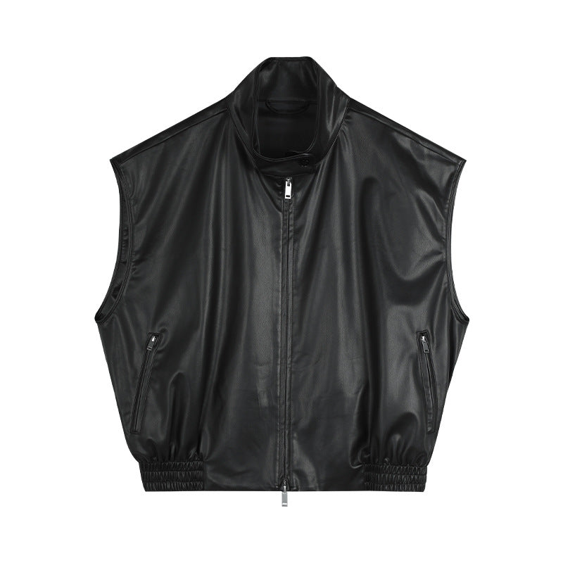 Dame afslappet kunstlæderveste med høj krave og sidelommer med lynlås Stilla