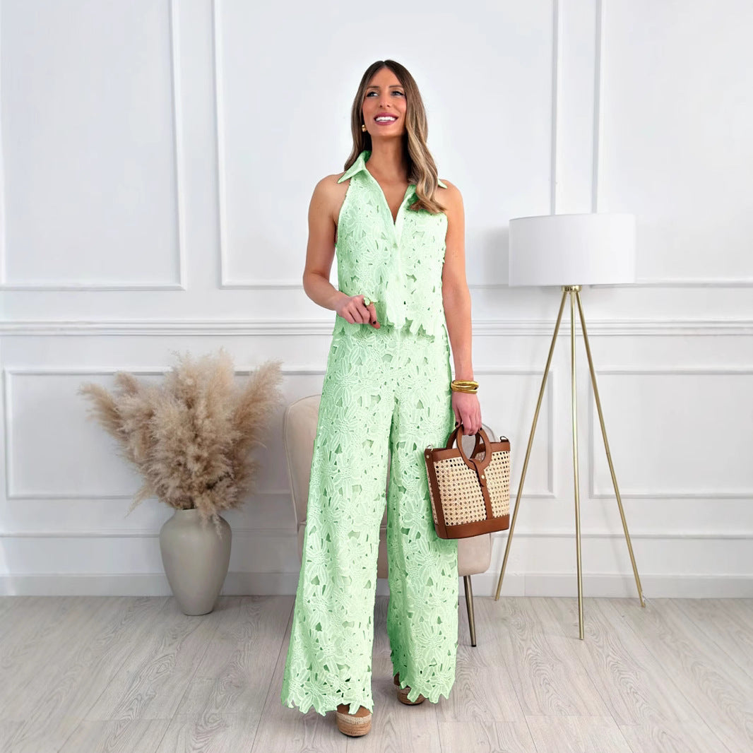Dame Elegant Jumpsuit med spidsdetaljer og bredt ben Stilla