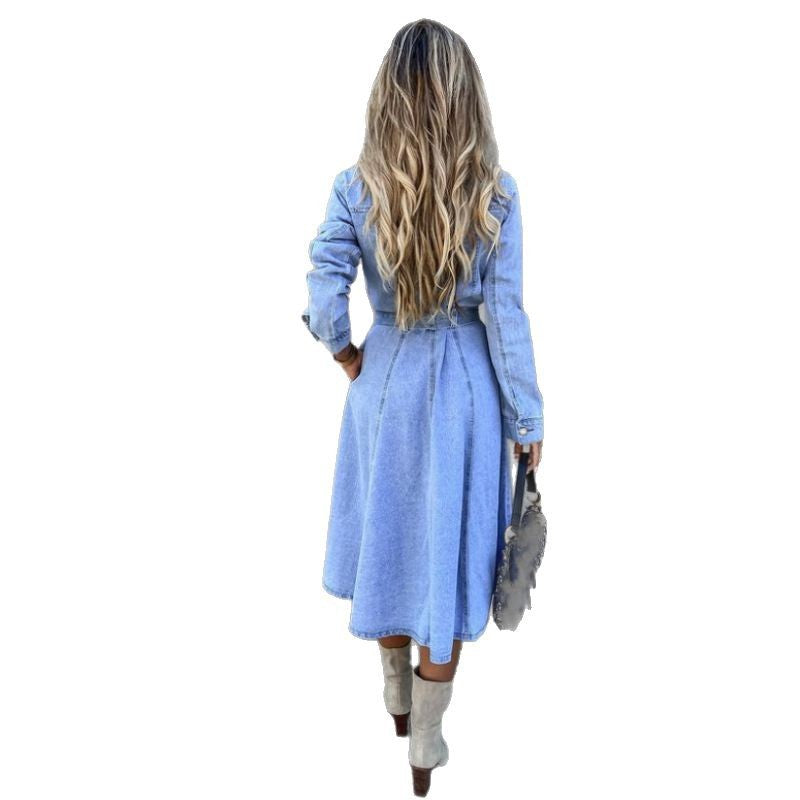 Dame Denim Midi Skjortekjole med Taljebælte Stilla