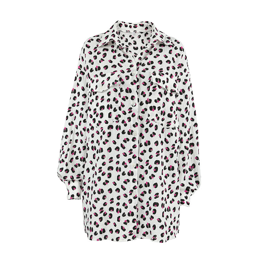 Dame afslappet kortærmet skjorte og shorts sæt med moderne leo mønster Stilla