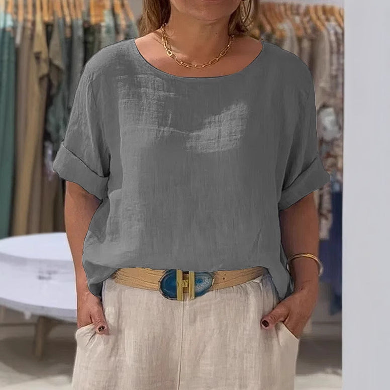 Dame afslappet linenbluse med omslagbare ærmer og elegant rundhalset udskæring Stilla