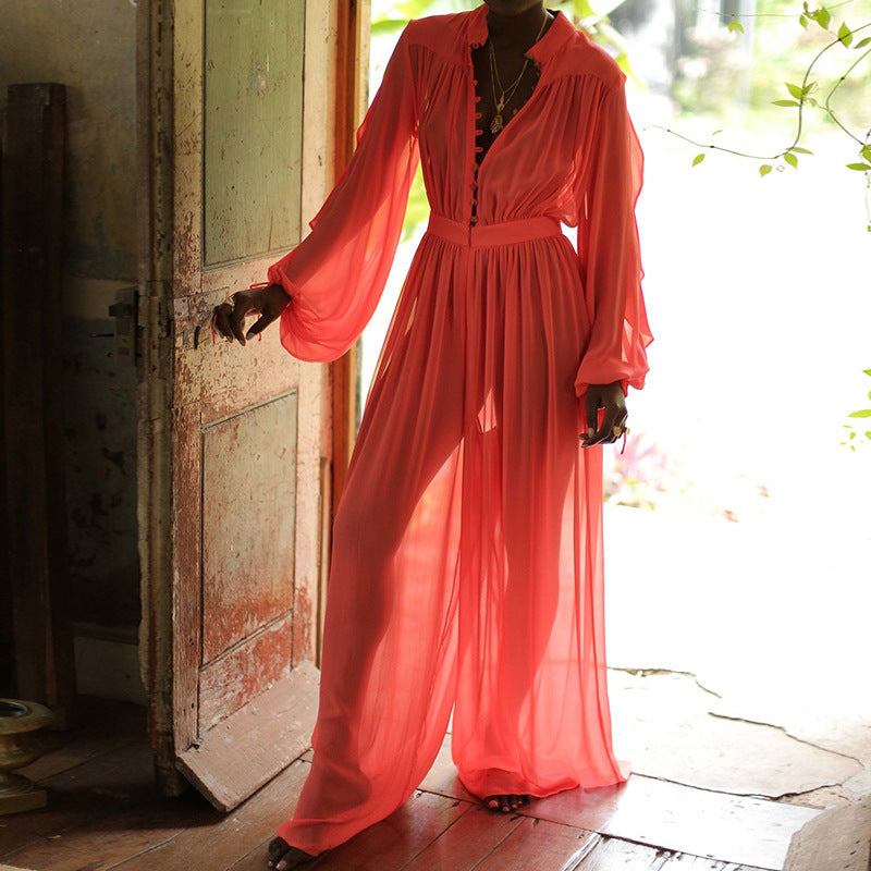 Dame Elegant Maxijumpsuit med transparent design og voluminøse ærmer Stilla