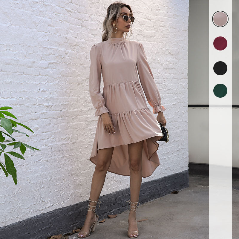 Dame Elegant asymmetrisk midi-kjole med ruffles og ståkrave Stilla