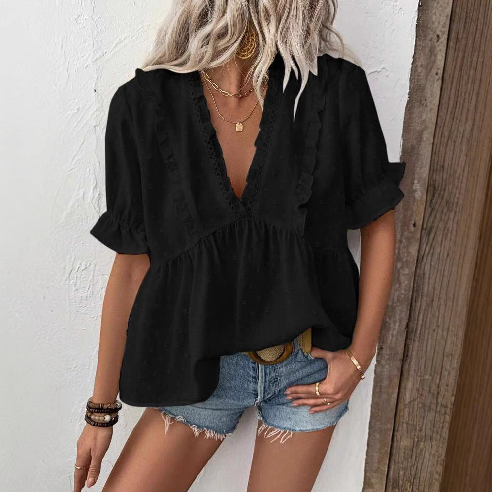 Dame elegant Blusenshirt med ruffle detaljer og V-udskæring Stilla