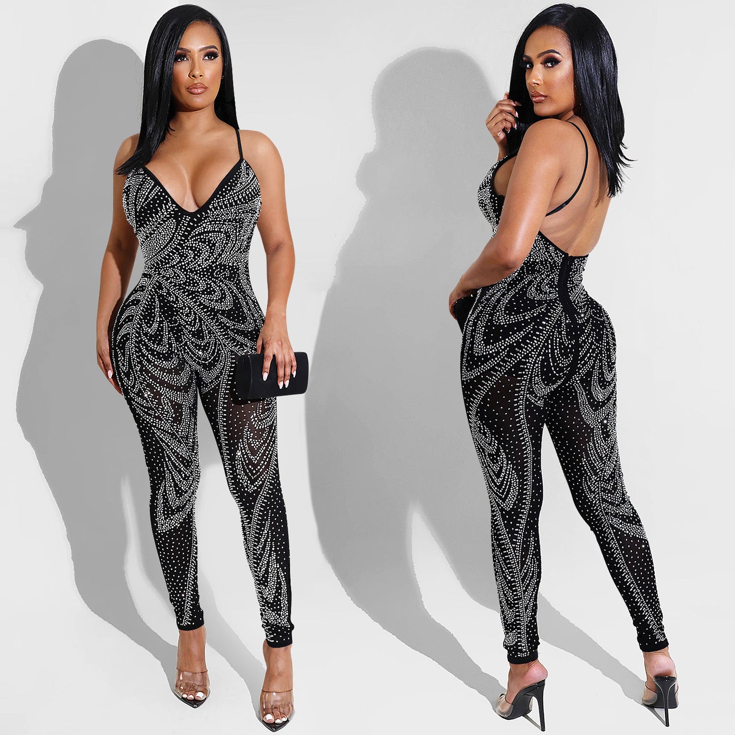 Dame Funklende Jumpsuit med gennemsigtigt design og luksuriøse rhinestones dekorationer Stilla