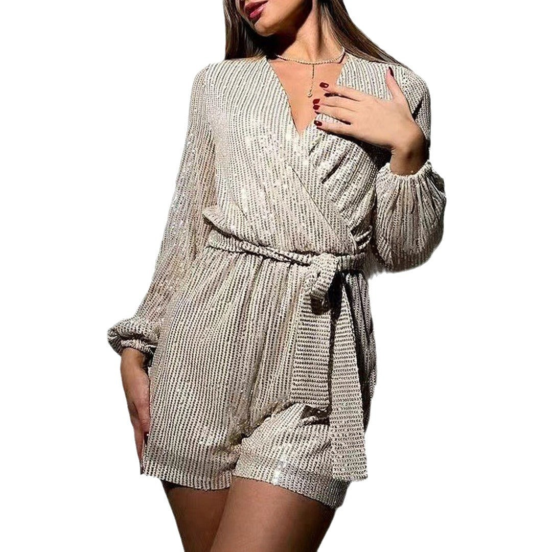 Dame Funklende Jumpsuit med V-hals og lange ærmer Stilla