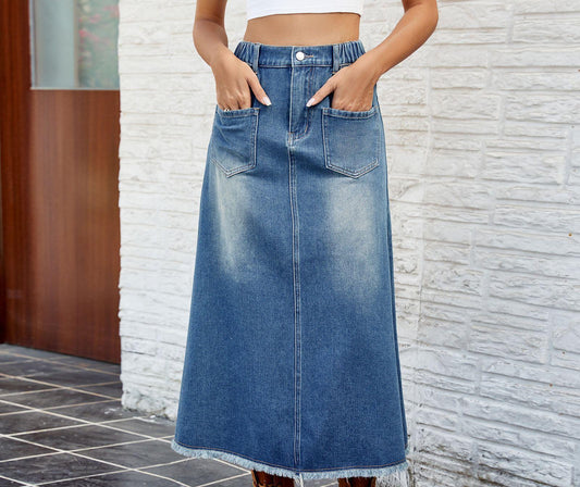 Dame denim-maxiskørt med elastisk talje og praktiske lommer Stilla