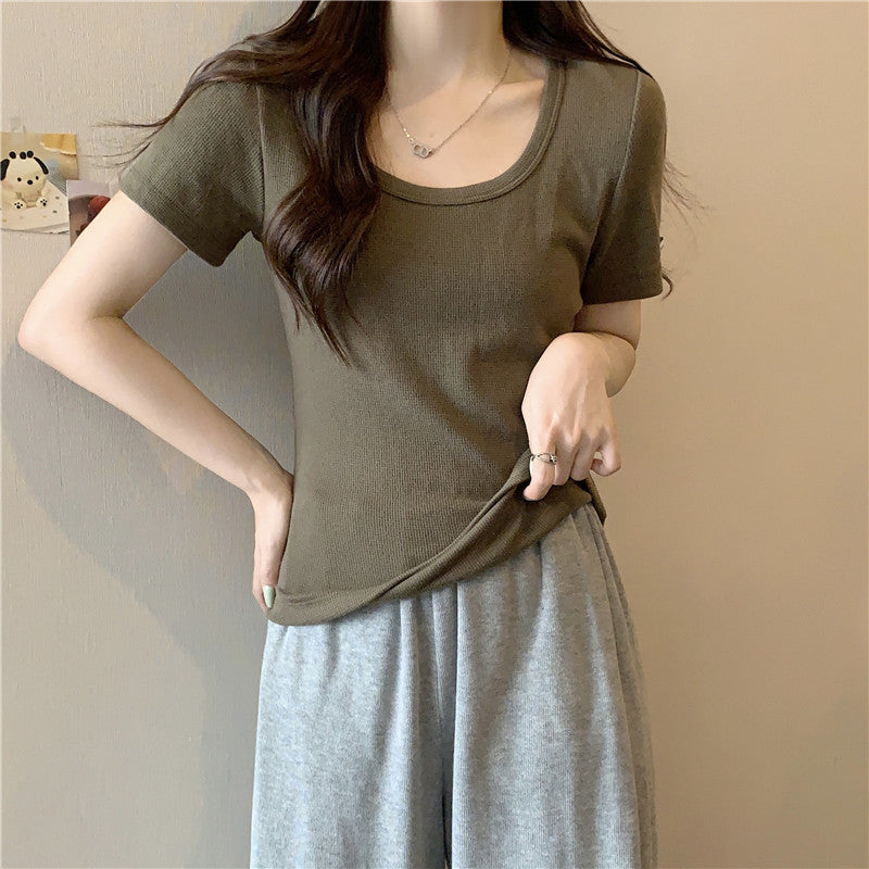 Femme Rib-strik Stretch Korte ærmer top Stilla