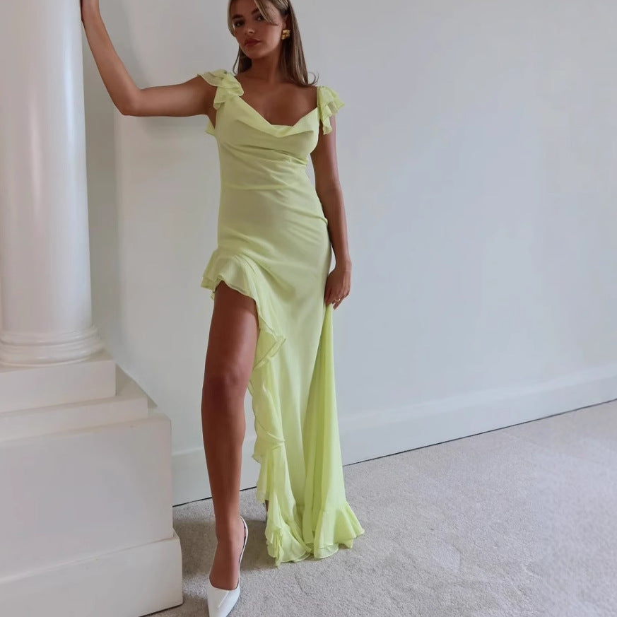 Dame Elegant Aftenkjole med asymmetrisk fald og flæsedetaljer Stilla