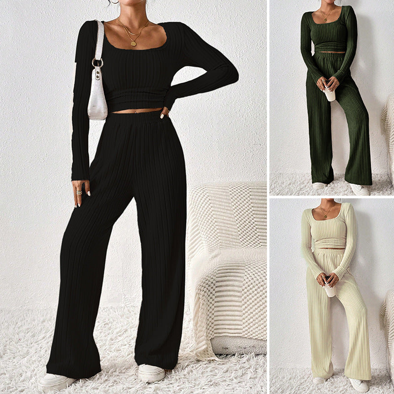 Dame afslappet og elegant strik-to-parts sæt med bred ben Stilla