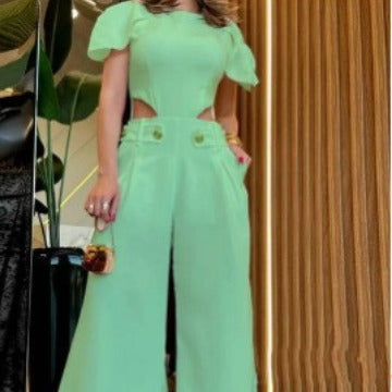 Dame elegant jumpsuit med struktureret cut-out-design og bred bukse Stilla