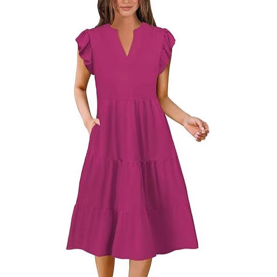 Dame afslappet flæsekjole med lomme og V-udskæring Stilla