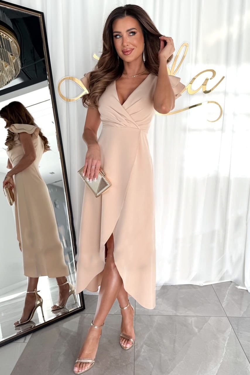 Dame Elegant Indviklet Midi-Kjole med Volangærmer Stilla