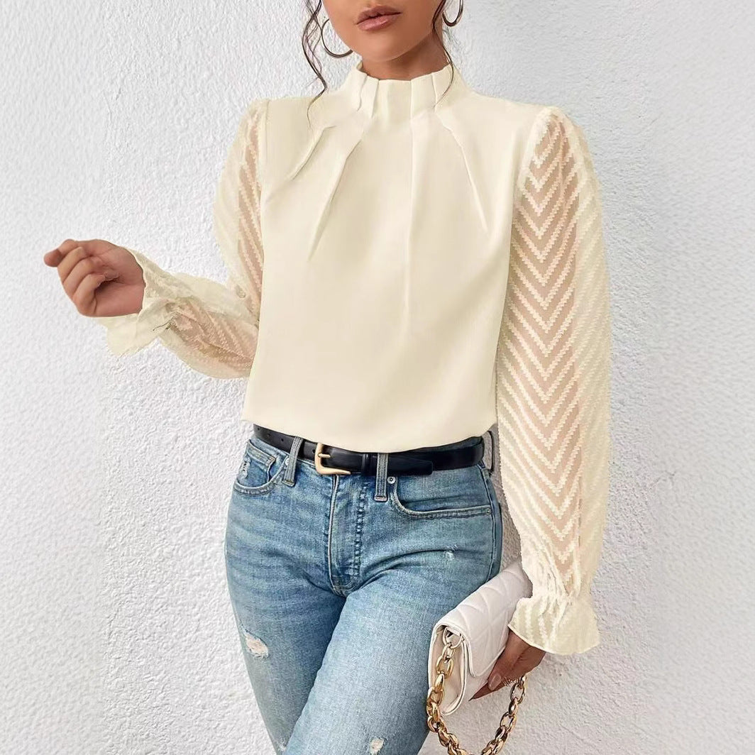 Dame Elegant bluse top med flæse detaljer og gennemsigtige ærmer Stilla