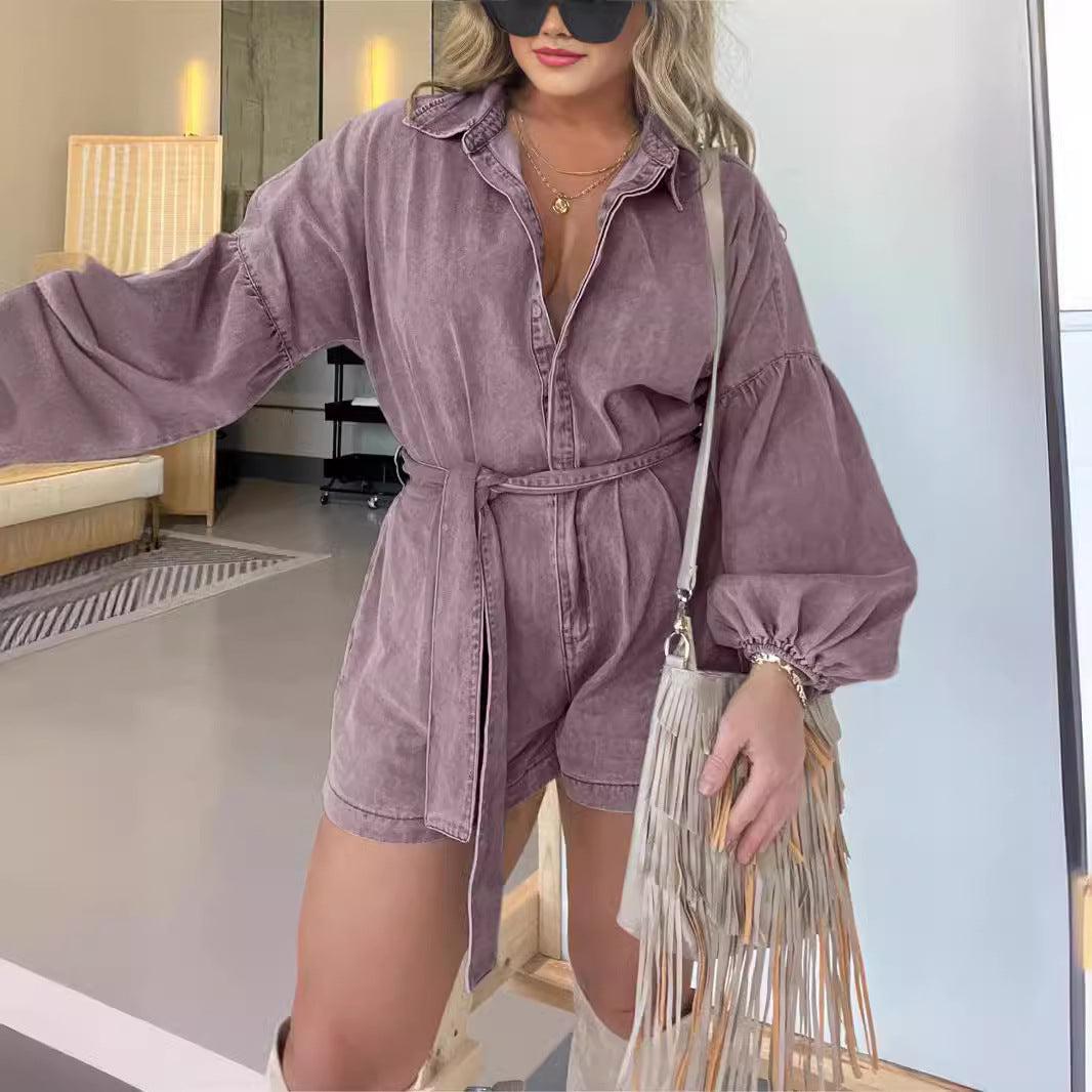 Dame denim jumpsuit med løs pasform og elegante pufærmer Stilla