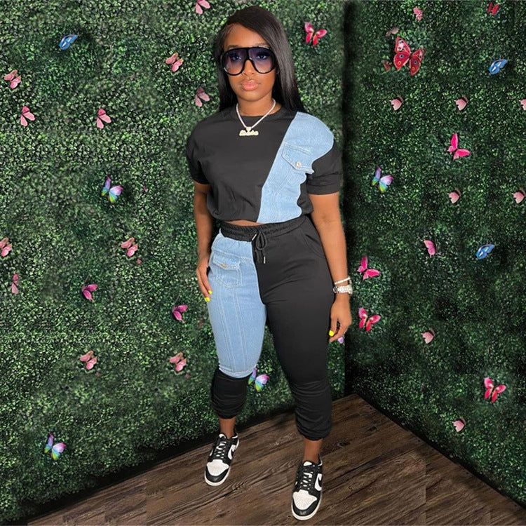 Dame Denim-Mix Joggingdragt med cropped top og elastisk talje Stilla