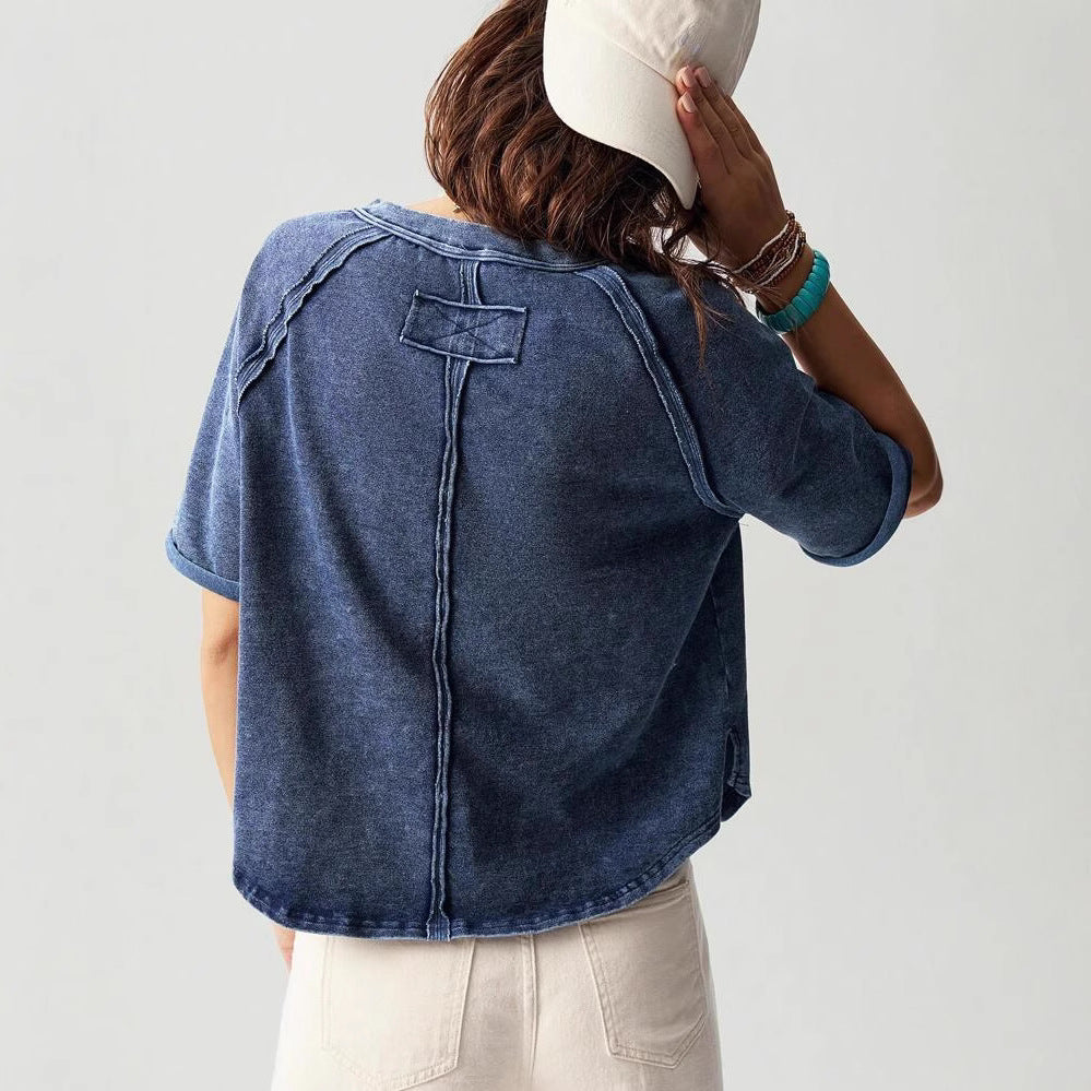 Dame afslappet oversized V-hals T-shirt med brystlomme Stilla