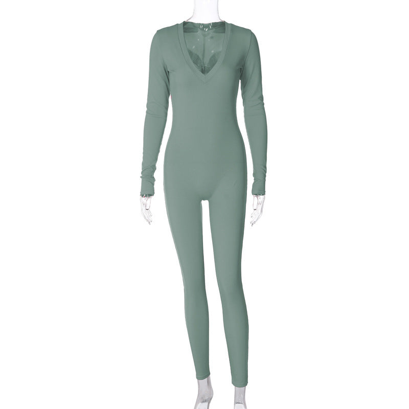 Dame Mode Langærmet Jumpsuit med dyb V-udskæring og tætsiddende snit Stilla