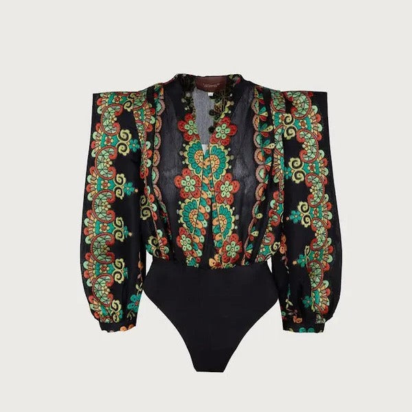 Dame Elegant Bluse med puffærmer og blomsterbroderi Stilla