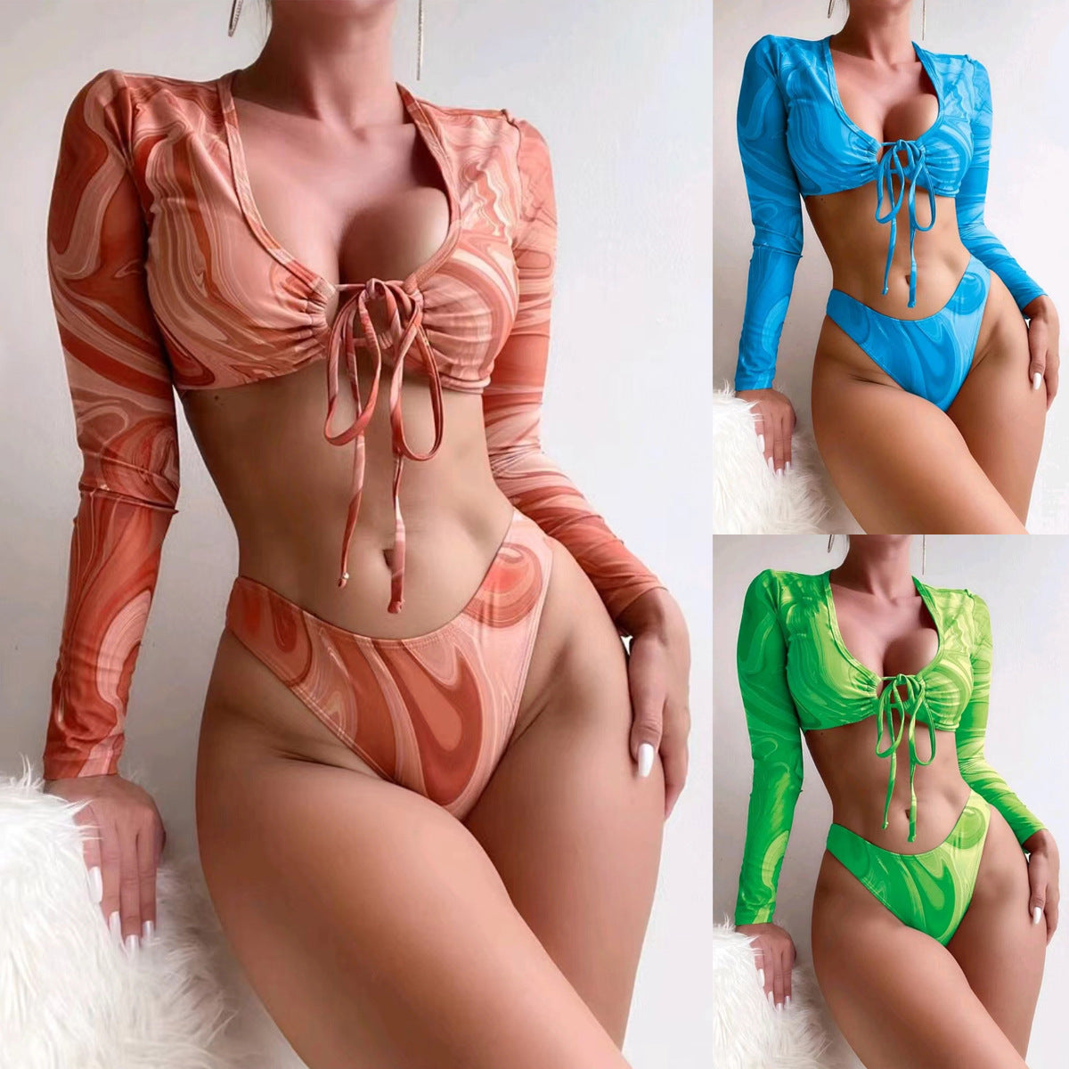 Dame Cropped Bikini-top med lange ærmer og trendy bindebånd Stilla